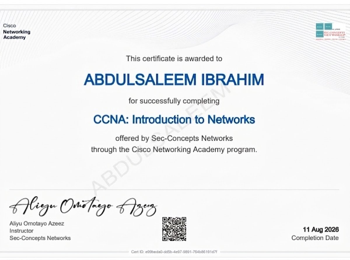 ABDULSALEE2005's tweet photo. By the special grace of almighty Allah, I have successfully completed the first module in my  CCNA training program (ITN), special thanks to almighty Allah 🙏🏾, my outstanding instructor @aliyuthayo and my No. 1 cheerleader and supporter @AbdulazeezHabe7 jazakumullahu khairan ❤️. https://t.co/gYydUrcpey