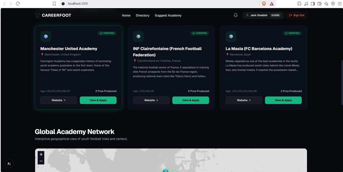 Sytmty's tweet photo. 🚀 Building Careerfoot — think LinkedIn, but for young footballers chasing an academy dream. Browse. Apply. Get noticed. 🌍⚽

Still WIP, more coming soon 👇

#buildinpublic #football #soccer #startup #sportstech #webdev #nextjs https://t.co/qzQN4wp7lE