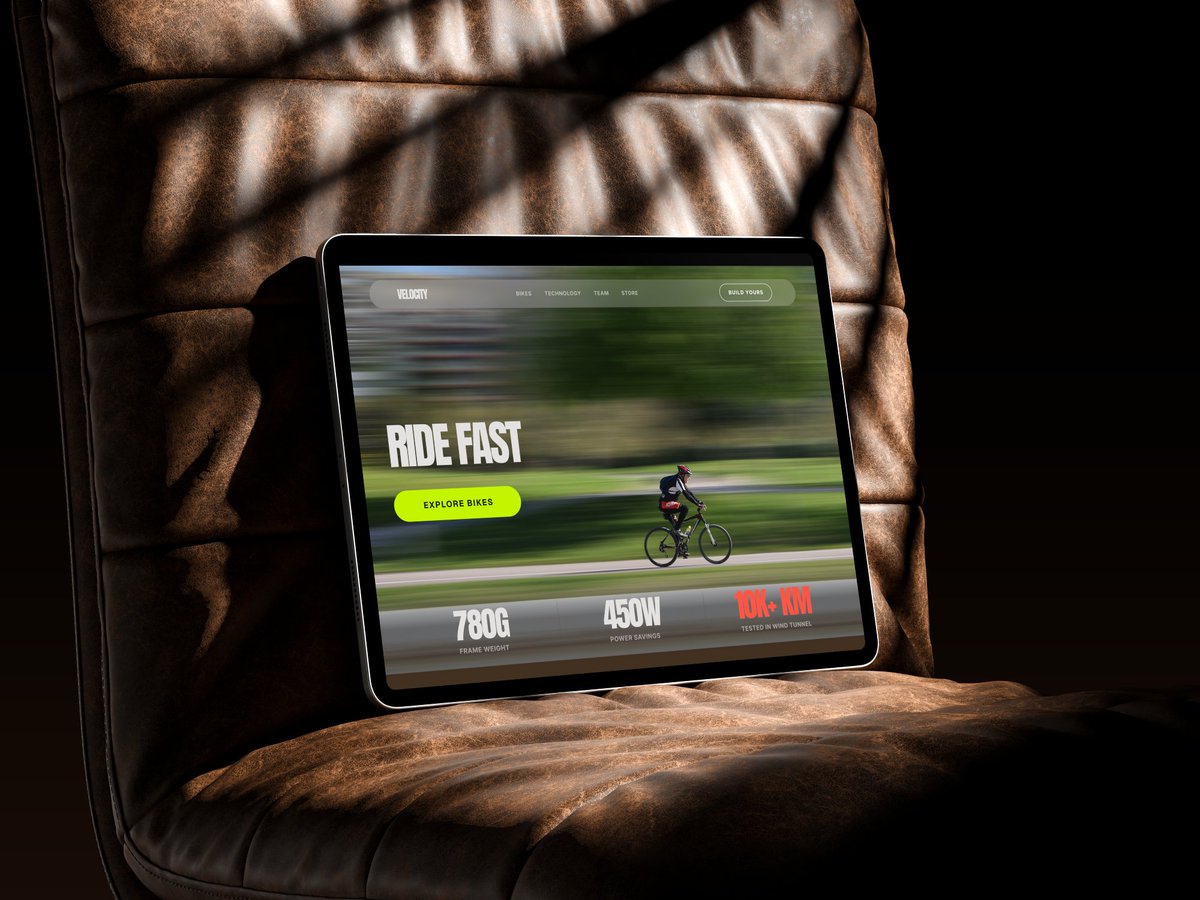 Ismail_1135's tweet photo. Most sports brand websites describe speed. This one feels it.

Designed the Velocity landing page around motion — bold type, cinematic photography, specs presented like a highlight reel, not a data sheet.

#WebsiteDesign  #UIUXDesign https://t.co/0faGCn07t7