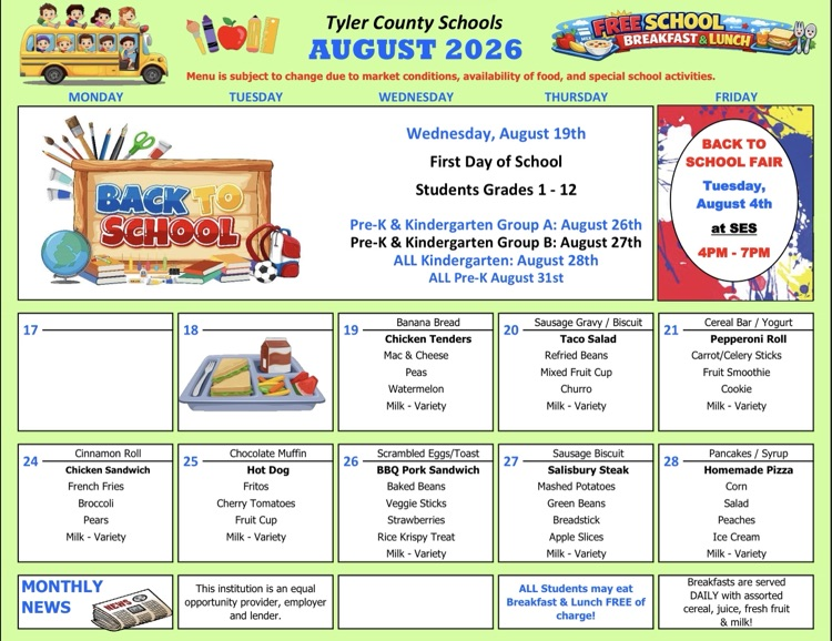 TylerCoSchools's tweet photo. Tyler County Schools Lunch Menu August 2026 https://t.co/oypEBxMtIe
