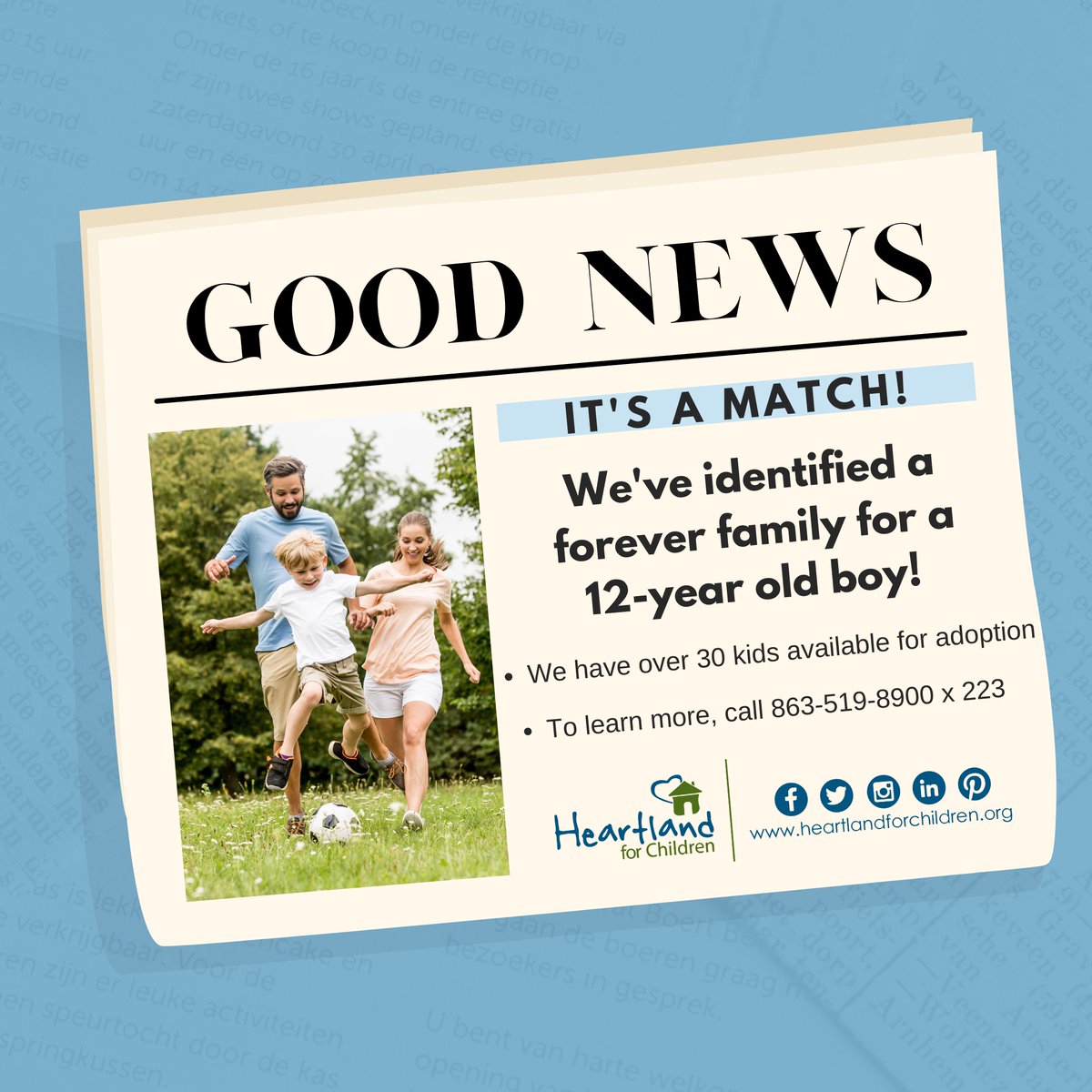HFCFL's tweet photo. A 12-year-old youth featured through our adoption program has been matched with a forever family. 

There are still children waiting to find their perfect match. Take a moment to learn their stories and help spread the word.

https://t.co/6eg4y7z3DJ

#ForeverFamily #Adoption https://t.co/TJX8wbLJ0U