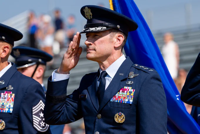 Lt. Gen. Paul D. Moga salutes during his change of command ceremony on Stillman Field at the U.S. Air Force Academy.