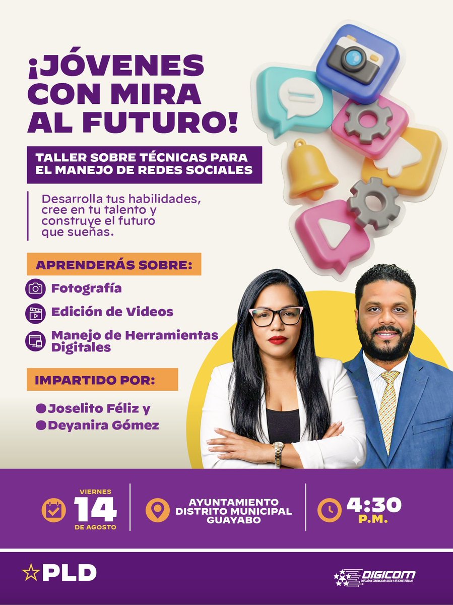 JuyoeliD's tweet photo. ¡Elías Piña, allá va #DIGICOMPLD! ⭐️📲
Este viernes 14 de agosto, el Ayuntamiento del Distrito Municipal #Guayabo recibe el taller «Técnicas para el manejo de redes sociales», impartido por @JoselitoFelizM,
vicesecretario general y director de esta DIGICOM, y @DeyaniraGomezH, miembro del Comité Central. 💜...
¡Seguimos formando para comunicar mejor! 💻📱....