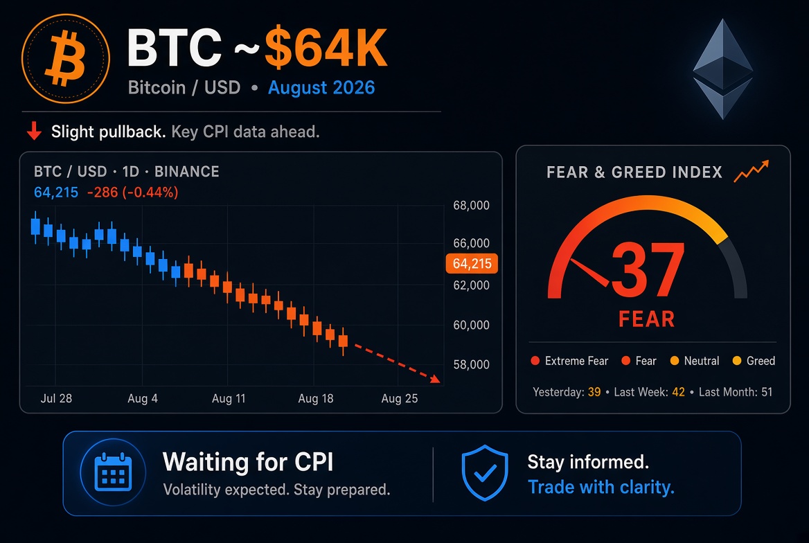Manyu_Soldier's tweet photo. **Brief Crypto Market Analysis (August 11, 2026) 

Bitcoin is hovering around $64,000 (slightly negative in the last 24 hours). Ethereum under $1,900.

Market sentiment in the Fear range (Fear and Greed Index around 37). 

#Bitcoin #Crypto #BTC https://t.co/ZKjdo4UiEE