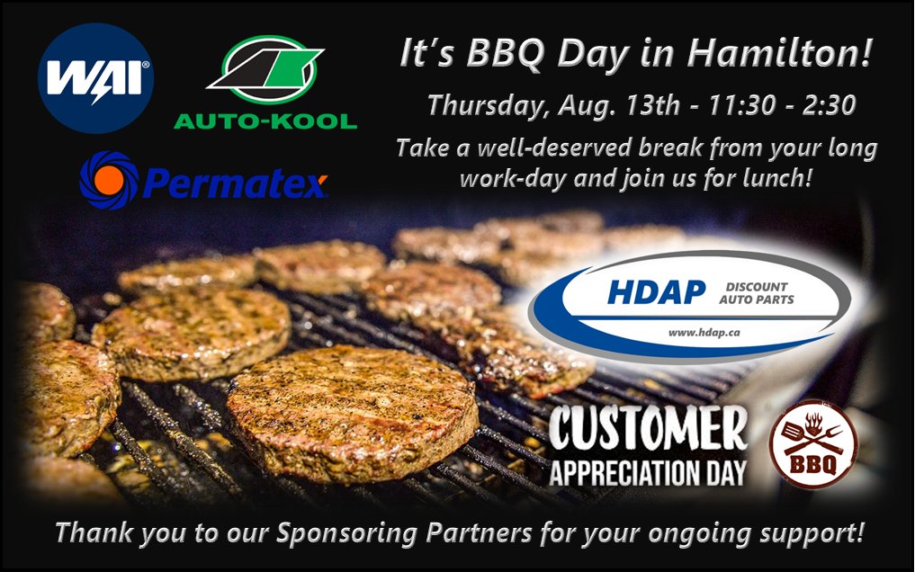 HDAPautoparts's tweet photo. Our friends at @PermatexNoTouch, @wai_techs and #Autokool are treating #HDAP customers to a BBQ lunch!
🗓️ Thursday, Aug 13 | 11:30-2:30 PM
📍 175 Dartnall Rd, Hamilton
#GrillGoals
#CustomerAppreciation #DiscountParts #TheAutoPartsPeople https://t.co/L3JqZww728