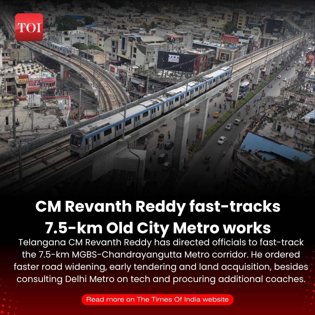 TOIHyderabad's tweet photo. The Old City Metro moves a step closer 🚇 Hyderabad’s MGBS-Chandrayangutta corridor could see faster progress as the state pushes road widening, tenders and land acquisition.
#hyderabadmetro #oldcity #metrorail #telangana #mgbs #chandrayangutta #infrastructure #urbantransport #revanthreddy