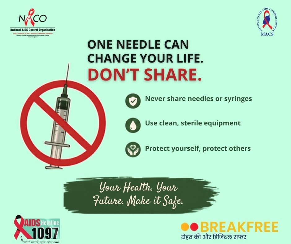 ManipurAIDS's tweet photo. One needle can change your life. Don't share.
#IndiaFightsHIVansTI #KnowYourHIVStatus #HIVAwareness #HIVPrevention
#EndAIDS #EndStigma https://t.co/hZGBDGFYzt