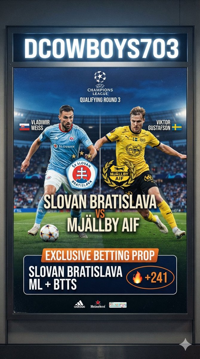 DCowboys703's tweet photo. ⚽️UCL
🇸🇰Slovan Bratislava
🆚
🇸🇪Mjallby AIF
💵Slovan Bratislava ML+BTTS+241
#MjällbyAIF
#UCL #ChampionsLeague
#Matchday #GamblingX #soccer #GamblingTwitter #futbol
#DCPicks https://t.co/UWlz3qglil