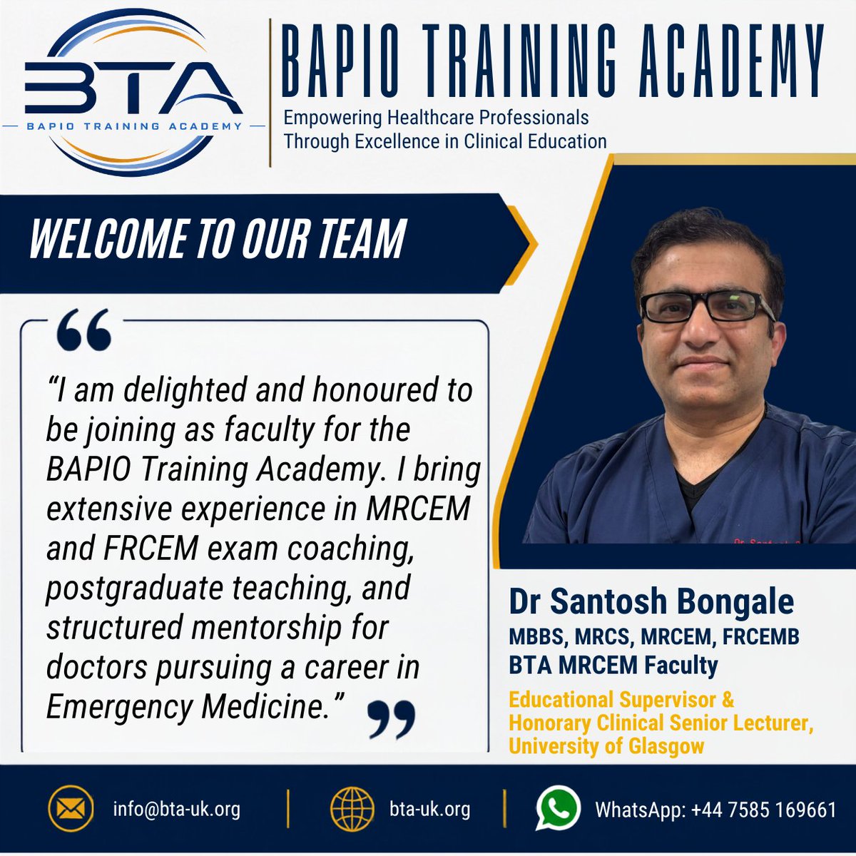 BapioTA's tweet photo. Welcome to the team, Dr Santosh Bongale (MBBS, MRCS, MRCEM, FRCEM), our newest BTA MRCEM Faculty member. An Educational Supervisor and Honorary Clinical Senior Lecturer at the University of Glasgow, he brings extensive exam-coaching expertise.
#MRCEM #UKMedicalTraining https://t.co/bgFVMBUA7U
