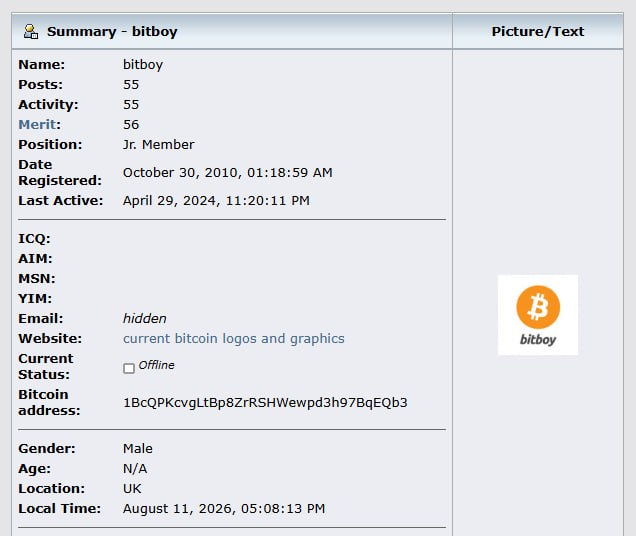 Orange_Coin_SOL's tweet photo. This is the man who painted Bitcoin solana:C6ASDsxzqBvF5bCQFVAGMRWwfgZNhfozbb9DkgiKpump 

Entire profile still up, 55 posts total. "Jr. Member"
He registered on Oct 30th, 2010.

Just two days later, dropped the logo that would become the most recognized symbol in all of Finance. 

Look at the website field: "current bitcoin logos and graphics", still pointing towards his work over a decade later. 

Last logged in 2024, the ghost of $BTC history is still out there. The man who gave the orange away, checking in every so often silently watching what it became. 

55 posts, one of them changed history forever. 🍊