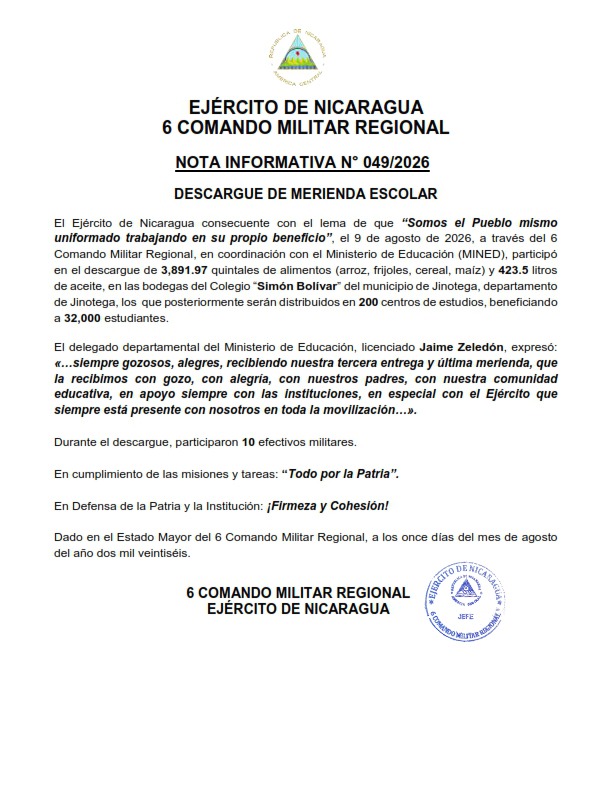 EjercitoNic's tweet photo. #NOTAINFORMATIVA | A través del #6ComandoMilitarRegional, en coordinación con el @minednicaragua, se participó en el descargue de 3,891.97 quintales de alimentos y 423.5 litros de aceite, en las bodegas del Colegio “Simón Bolívar” del municipio de Jinotega. #TodoPorLaPatria https://t.co/I5v454dWvU