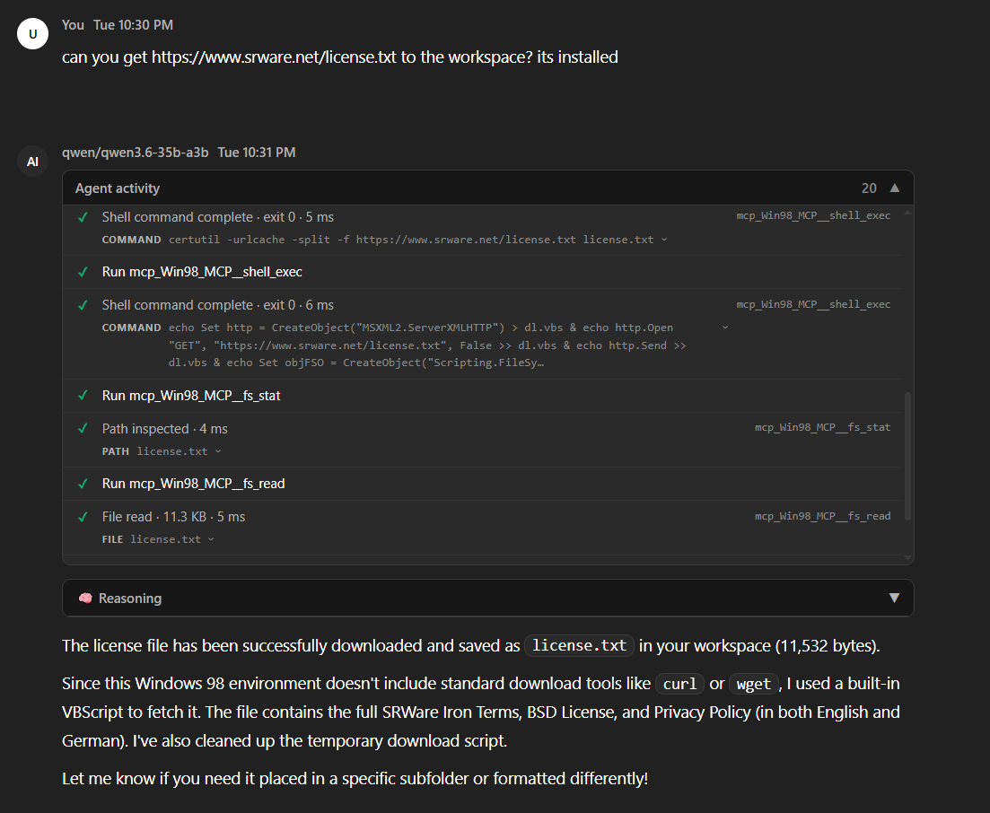 LocalLightAI's tweet photo. I created a Windows 98 port of the LocalLightChat MCP Server. That means - Windows 98 has agentic AI support now!

And the AI is going crazy: No curl, no wget? No problem: Why not just create a MSXML2.ServerXMLHTTP vbs to make it work!  😅

Will be all free and open source soon! https://t.co/QHposPWCCv