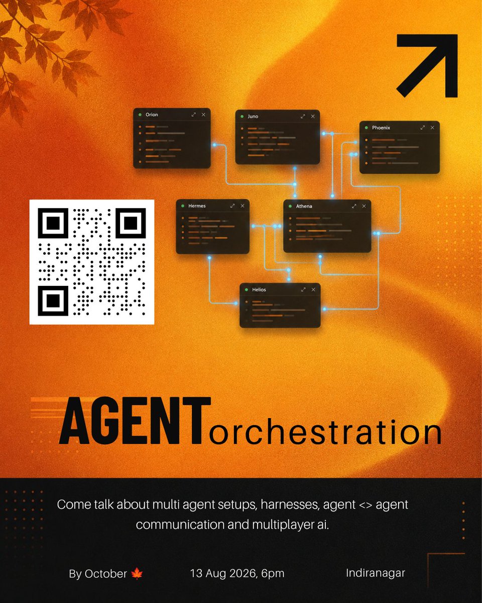 Siddhimahi's tweet photo. hi guys! we're hosting a small meetup on agent orchestration this thursday in indiranagar if you're wiring multiple agents together for long-running work harnesses, workflows, agent x agent comms, multiplayer AI  come hang!  bring what you're building, show it off.  13 Aug, 6pm! https://t.co/xFIiXXGzLJ