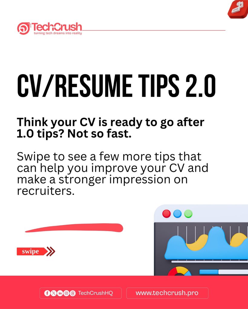 TechCrushHQ's tweet photo. Your CV might be the first thing a recruiter sees, so you want it to do more than just list where you’ve worked.

It should show what you’ve done, what you’ve achieved, and why you’d be a great fit.

From highlighting your achievements to using stronger action words and keeping things concise, these simple CV tips can make a real difference.

#techcrush