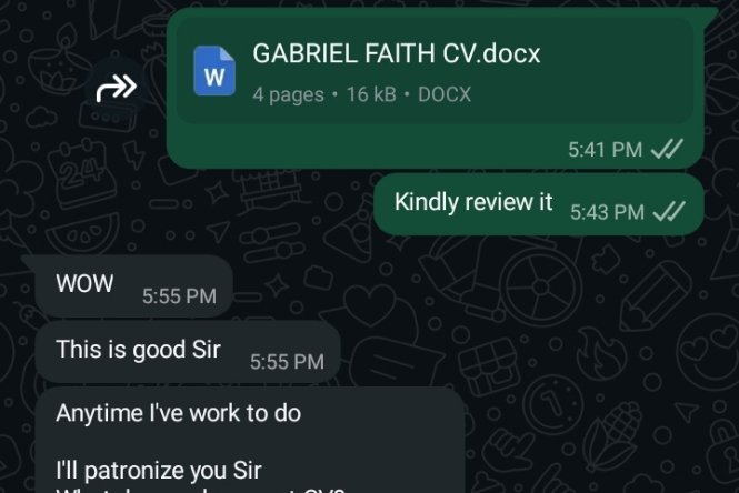 NathanielJ36366's tweet photo. Review from a client who was recommended to me 
Kindly Bring your CV for revamping 
Or a fresh graduate exploring his/her into the digital world and doesn't know where to start from kindly DM 
Let network together https://t.co/dYN9vqdses