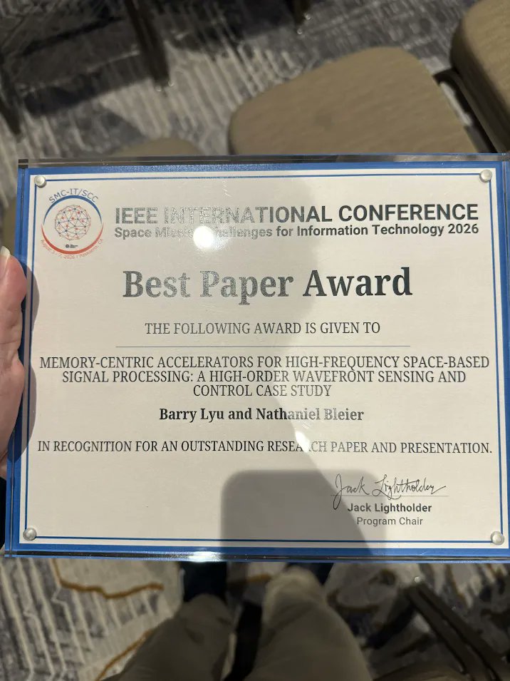 UMichCSE's tweet photo. Congrats to CSE Prof Nathaniel Bleier and PhD student Barry Lyu on their Best Paper Award at #IEEE2026 for designing memory-centric chips tailored for NASA's proposed Habitable Worlds Observatory.👏

🔗 Read more: https://t.co/p48Zmm86F2
#Semiconductors #SpaceTech @UMichECE https://t.co/OiVbuwxily