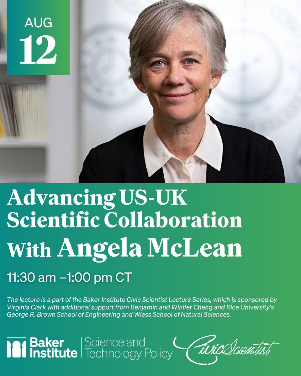 stpolicy's tweet photo. TOMORROW: Dame Angela McLean joins @BakerInstitute for a Civic Scientist Lecture on U.S.-U.K. scientific collaboration, innovation &amp; science diplomacy. 

Register: https://t.co/IQr3UOqQyA  #BakerLive #SciencePolicy #ScienceDiplomacy https://t.co/jYOPUrT3E5
