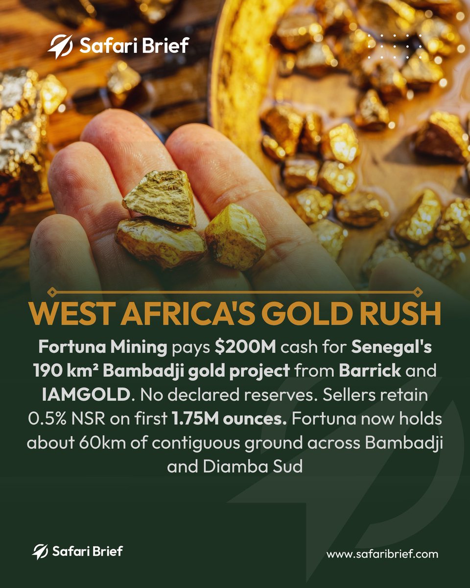 Safari_brief's tweet photo. Fortuna Mining has agreed to pay $200 million in cash for the Bambadji gold exploration project in Senegal acquiring 190 square kilometres from Barrick and IAMGOLD.

The deal consolidates Fortuna's position in Senegal's emerging gold district. Bambadji sits adjacent to Fortuna's Diamba Sud project, giving the company approximately 60 kilometres of contiguous, potentially gold-bearing ground across the two assets. The acquisition was funded from Fortuna's treasury, with $130.35 million going to Barrick and $69.65 million to IAMGOLD.

The market is watching closely. Bambadji is an advanced exploration project with no declared mineral resource. Fortuna is betting that its exploration team can convert the prime drill-defined targets into a mineable resource. The sellers have retained a 0.5% net smelter return royalty on the first 1.75 million ounces produced from Bambadji Nord a signal that Barrick and IAMGOLD see upside they're willing to keep a stake in.

Fortuna plans to spend approximately $8 million on exploration in 2026, with drilling expected to begin in the third quarter. The question now is whether the drill bit validates the price tag.

Subscribe to The Monday Dispatch to track the macro trends reshaping continental capital pipelines. 👇

#Macro #CapitalMarkets #Gold #Mining #WestAfrica #TheSafariBrief
