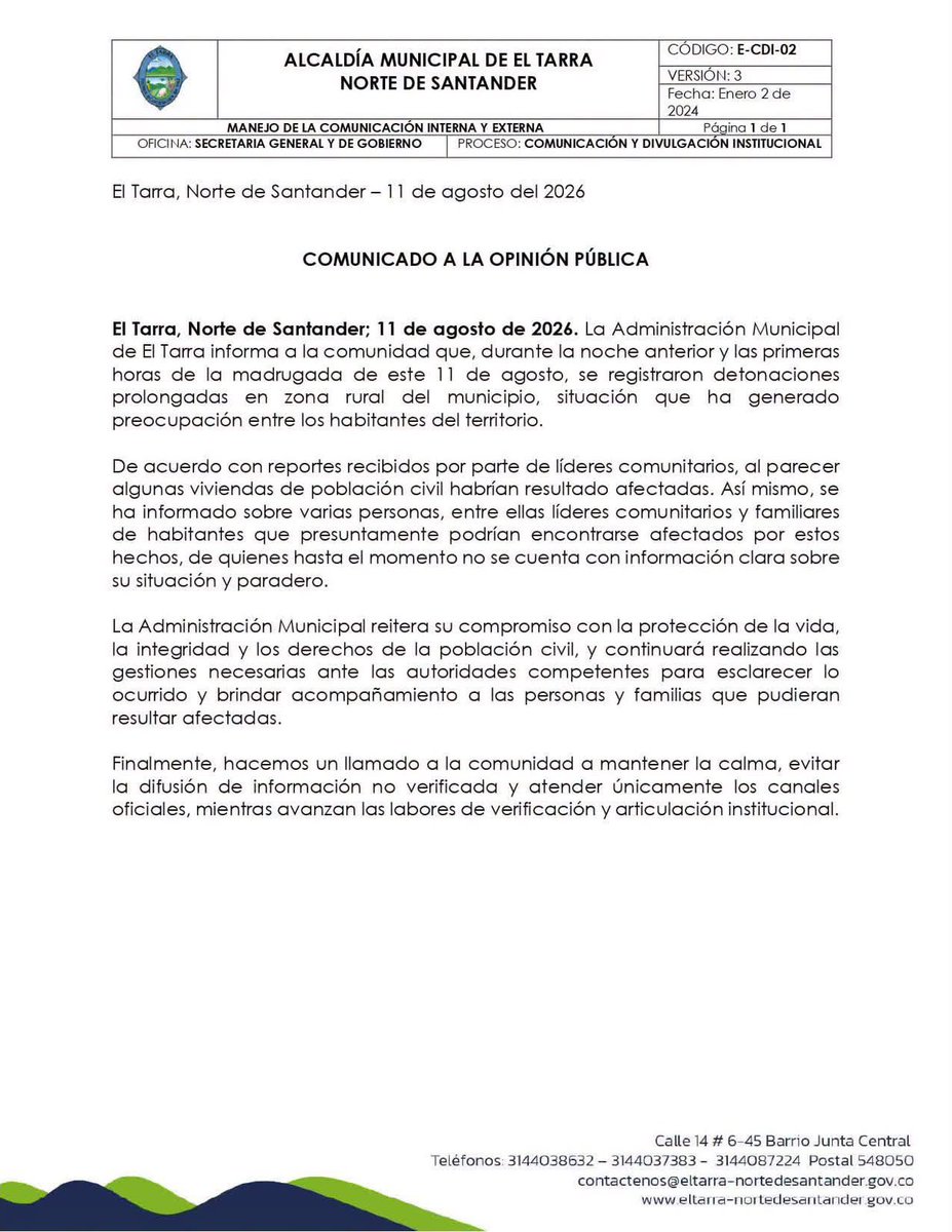 corpades's tweet photo. #Atención🚨

El #Catatumbo enfrenta una emergencia humanitaria. 
Desde anoche se reportan intensos bombardeos en zonas rurales de #ElTarra y #Hacarí. 

Personerías denuncian viviendas destruidas y campesinos heridos, presuntamente por la acción de la Fuerza Pública.

La Alcaldía de #ElTarra advierte además que varias personas estarían desaparecidas, entre ellas líderes comunitarios, mientras persiste la incertidumbre sobre su paradero. 

La magnitud de los hechos eleva el riesgo de desplazamientos masivos y exige una verificación urgente e independiente para establecer responsabilidades y proteger a la población civil.
Información tomada de @jhonjacome 
#SosCatatumbo #NoMásViolencia @DELAESPRIELLAE @PGN_COL @Indepaz @coeuropa @anacrisrestrepo @luisyepesb @Korssoh @infopresidencia @IvanCepedaCast @cuestion_p @HFCardonaG @DonIzquierdo_ @EpicuroDeSamos_ @JulianFMartinez @FdoQuijano @petrogustavo @GerardoReyesC @soydeituango @MarnIris @JulieDuque1 @Pontifex_es @TembloresOng @juandavidmuoz22 @revistaRAYA @RobertoMTico @roures1 @SuarezTrinando2 @LuisUrquijo @ramirociencia @wilcan91 @alberto_yepes