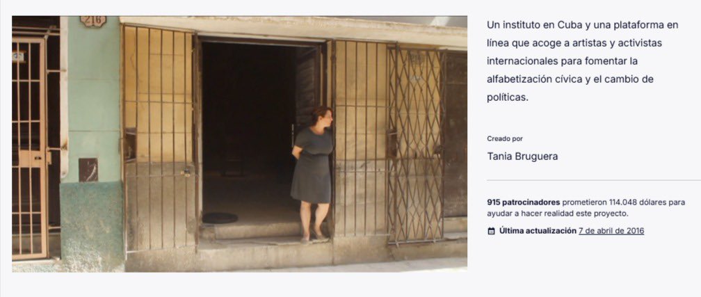 ayayis__'s tweet photo. 🧵🪡 La represión como mercancía: 
El Kickstarter de Tania Bruguera y la venta del sufrimiento cubano.

Cuando Bruguera lanzó el Kickstarter de INSTAR en 2016 no pedía apoyo para una causa, vendía su propia experiencia de represión.
Más de 900 personas financiaron el proyecto, los “rewards” no eran detalles, eran la sintaxis del negocio.
La detención, la vigilancia, el rumor, 
el chantaje y el miedo se empaquetaban y se ofrecían como autenticidad a quien pudiera pagarlos.

Esa es la lógica del catálogo, y Bruguera opera dentro de ella como una de las criaturas principales del Cuban swamp.
