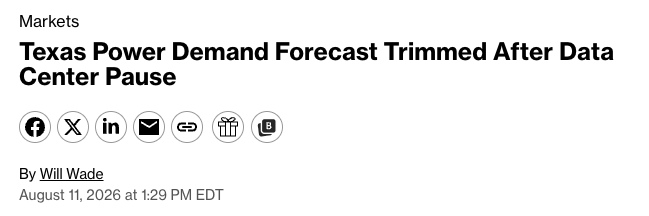 wallstengine's tweet photo. Texas cuts its 2027 power-demand growth forecast to 6% from 14%

The revision follows an audit of proposed data center grid connections. 

ERCOT is currently reviewing ~474 GW of connection requests, more than 5x the state’s record peak demand. https://t.co/2O8k7DE32p