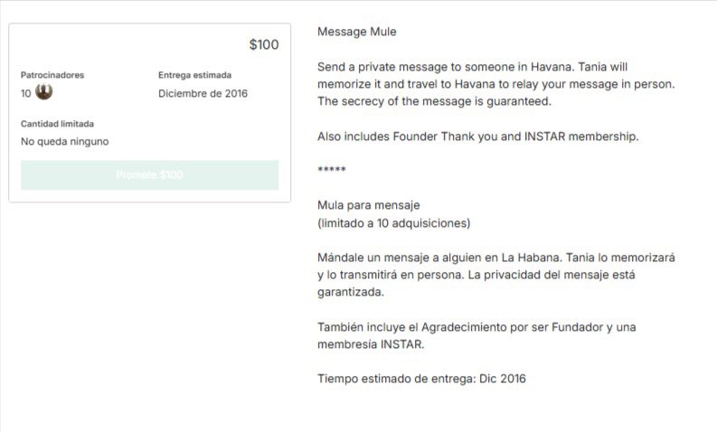 ayayis__'s tweet photo. $100 – Message Mule

Cien dólares para que Bruguera memorice un mensaje privado y lo entregue en persona en La Habana.
Se usa el cuerpo de la disidente como mensajería clandestina de pago.
El riesgo real de operar dentro de Cuba se convierte en servicio logístico exclusivo, donde el donante no se expone, Tania vende la idea de exposición, cargando con una supuesta vulnerabilidad. 
La solidaridad trabaja como mercancía de externalización del riesgo.