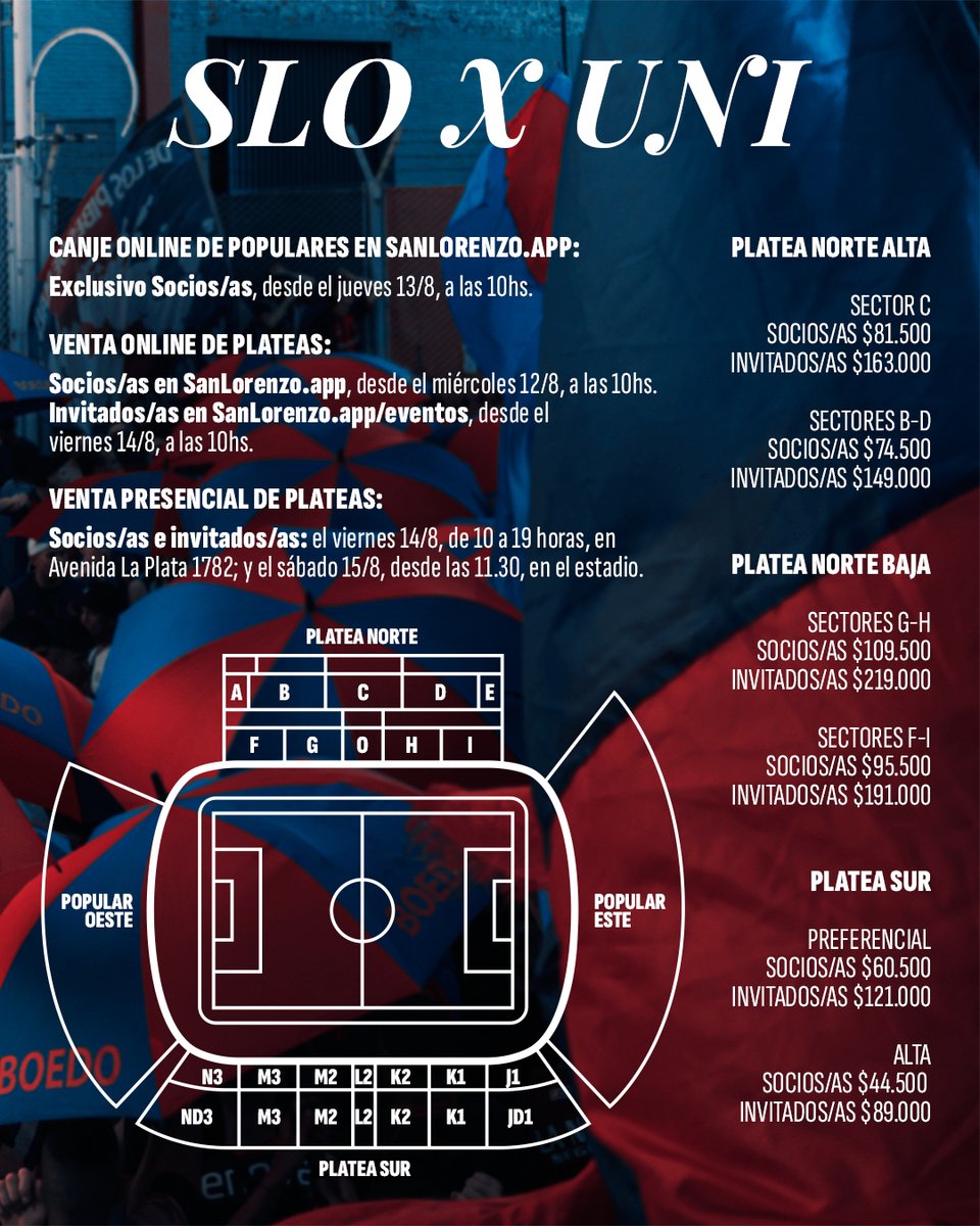 SanLorenzo's tweet photo. 🏟️ Venta de entradas 🆚 Unión

#SanLorenzo juega este sábado a las 14.30, en el Pedro Bidegain, por la quinta fecha del Clausura. ¡Te esperamos en casa!

CANJE ONLINE DE POPULARES:
Es exclusivo para socios/as. Se habilitará el JUEVES a las 10 horas en https://t.co/wbsHXFLBrS

VENTA ONLINE DE PLATEAS:
👉 Socios/as: desde mañana MIÉRCOLES a las 10 horas, en https://t.co/wbsHXFLBrS
👉 Invitados/as: desde el VIERNES a las 10 horas, en https://t.co/VRyo3hYDqy

VENTA PRESENCIAL DE PLATEAS:
Socios/as e invitados/as: el viernes de 10 a 19 horas en Avenida La Plata 1782. También habrá venta en el estadio, el sábado desde las 11.30.

💻 Más info, acá ➡️ https://t.co/0BMTRbKQ2e