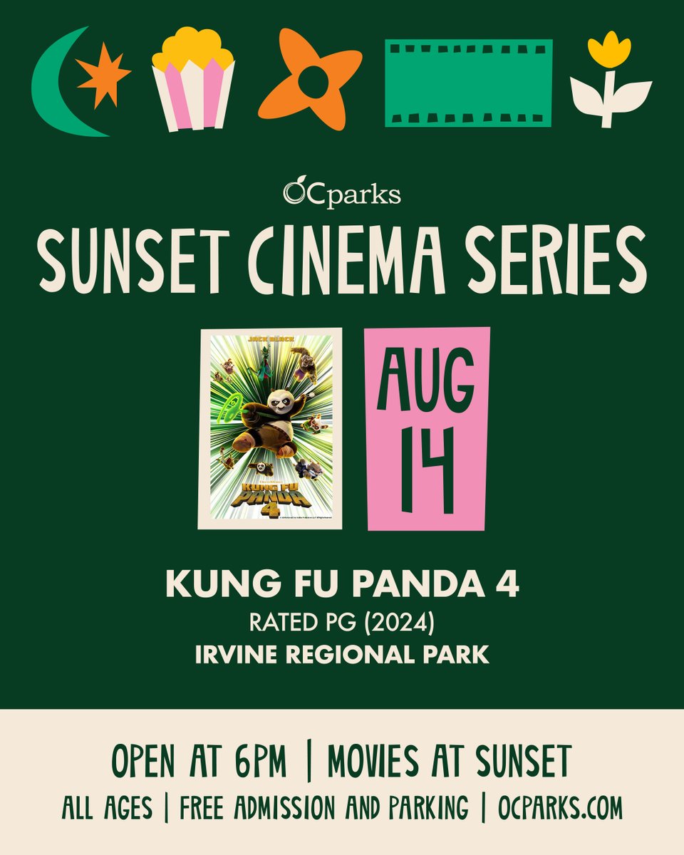 OCParks's tweet photo. Get ready for an action-packed movie night with a FREE screening of Kung Fu Panda 4 this Friday, 8/14 at Irvine Regional Park in Orange! Come early to enjoy interactive pre-show entertainment, hands-on activities and photo ops before the movie begins. #OCSunsetCinema #OCParks https://t.co/ZfrBEHuvRH