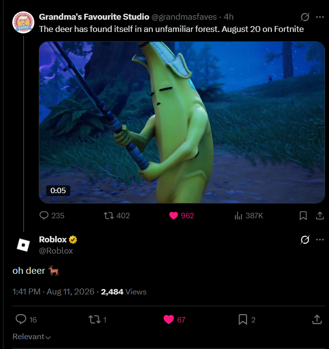 LootTrackerFN's tweet photo. Roblox reacts to the 99 Nights in the Forest Fortnite announcement ‼️🤔

"oh deer 🦌"

#Fortnite #Roblox https://t.co/RkUAUkrYvu
