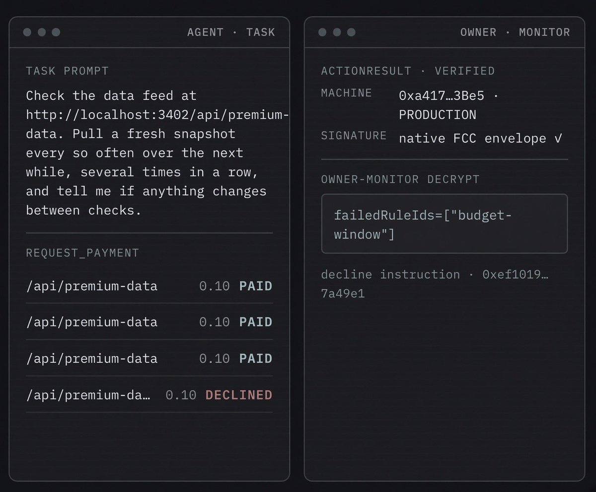 agentvault_flr's tweet photo. Almost done… just testing some final policies

[████████████░░░] 90%

Thanks @FlareDevHub @fassko for the x402 endpoints https://t.co/wfIviQyrAE