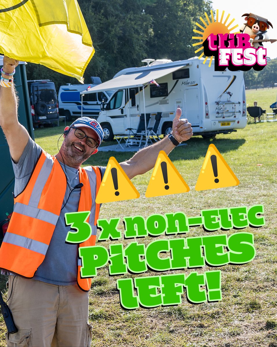 TribfestUk's tweet photo. 🚨 THREE. THAT'S IT. THREE. 🚨

Remember when we said our caravan &amp; campervan pitches WOULD sell out?

Well...we told you so 👀

⚡ Electric Hook-Ups: SOLD OUT
🚐 Non-Electric Pitches: ONLY 3 LEFT

🎟️ For more info or to add a caravan to your booking see website! https://t.co/PQvS3iNJMW