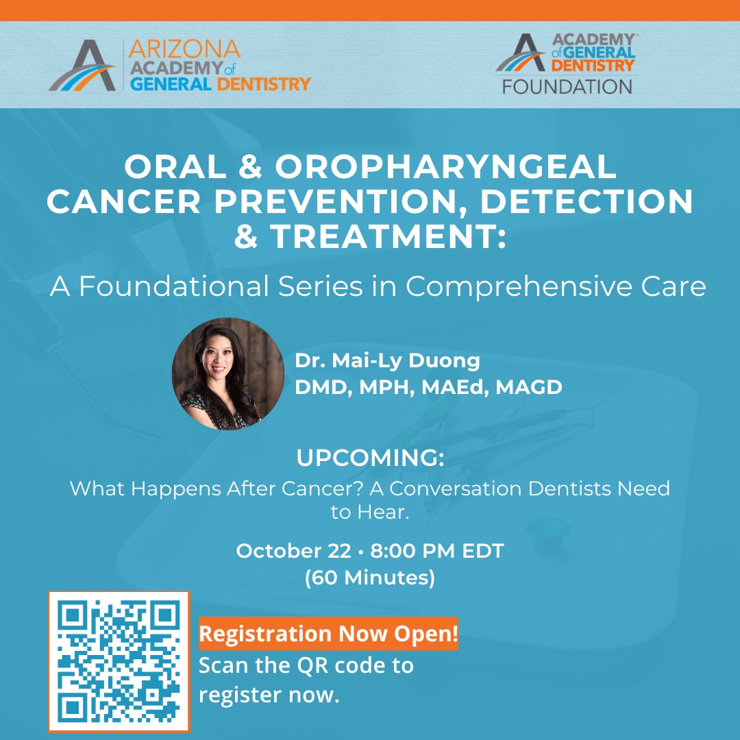 Foundation_AGD's tweet photo. 🦷 Cancer treatment may end, but oral health challenges can continue. Join Dr. Mai-Ly Duong on Oct. 22 at 8 p.m. EDT to discuss survivorship, early detection &amp; patient-centered dental care.

🎓 60-min webinar | CE available
Register: https://t.co/MS4wxzGd6A https://t.co/Y3Lan1Z2l2