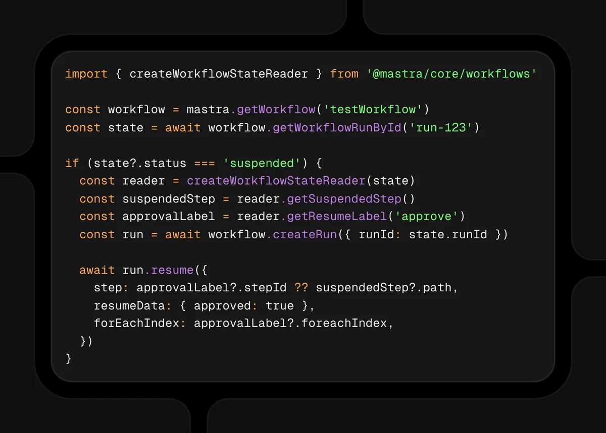 The code snippet implements a function to recover suspended workflow steps and resume tasks while managing state and approvals.