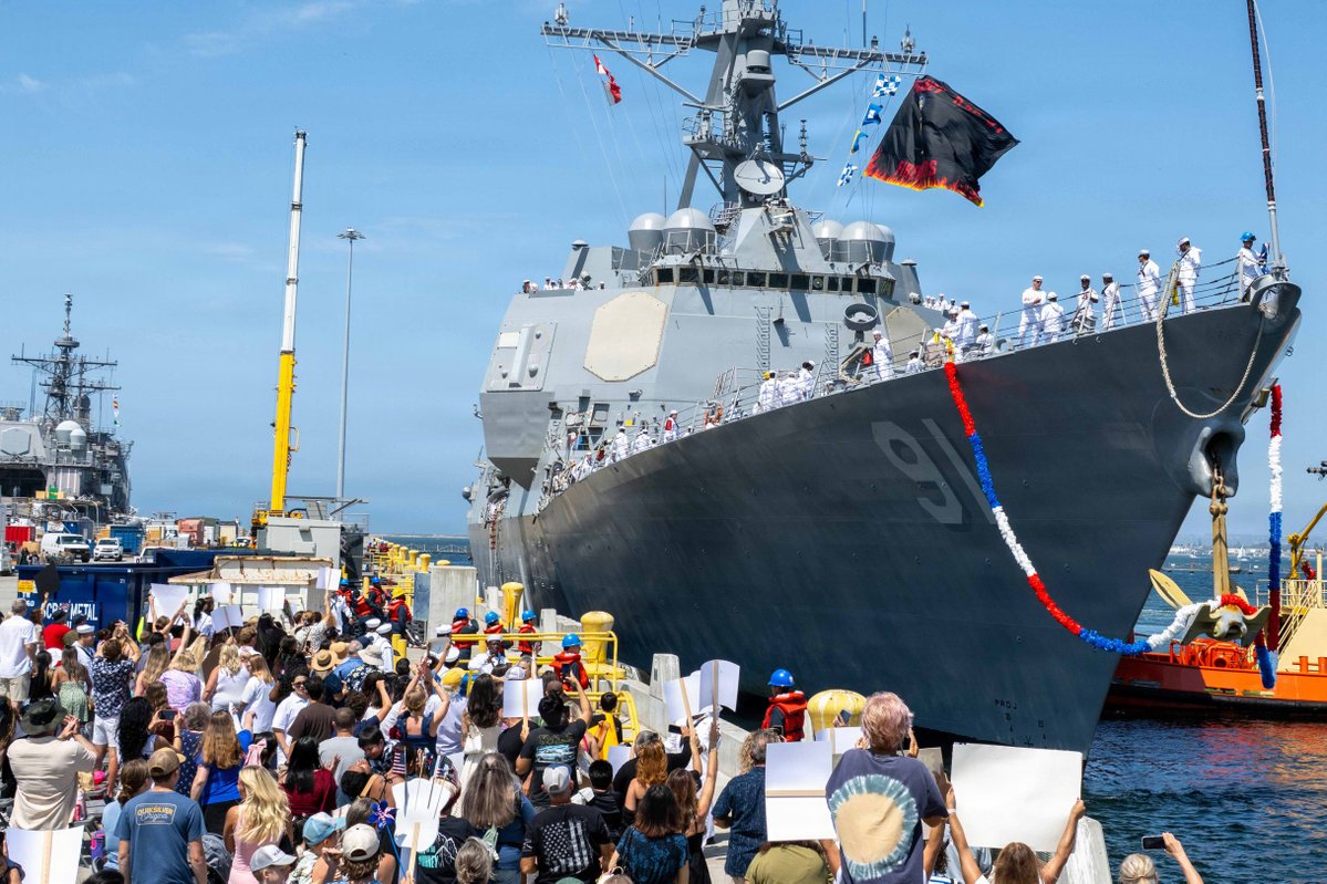 USNavy's tweet photo. ⚓📰 #USNAVY UPDATE: USS Pinckney returns to San Diego Following Operations in the Indo-Pacific and Middle East

SAN DIEGO – Arleigh Burke-class guided-missile destroyer USS Pinckney (DDG 91) returned to its homeport of Naval Base San Diego, following 9 months of operations supporting regional security and combat operations in the Indo-Pacific and Middle East, Aug. 09, 2026.

“Pinckney’s Firewalkers answered every mission with professionalism, resilience, and unwavering commitment,” said Cmdr. Timothy DeVall, commanding officer of Pinckney. “Whether operating in the Indo-Pacific or supporting combat operations in the Middle East, our Sailors consistently demonstrated the readiness and adaptability required to execute our mission. I couldn’t be prouder of what this team accomplished.”