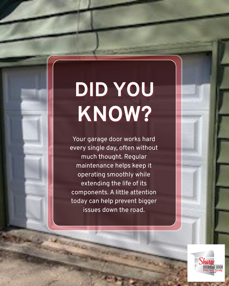 DoorSharp's tweet photo. Your door operates multiple times each day, routine inspections and maintenance can help identify worn components before they lead to unexpected repairs.

#SharpOverheadDoors #GarageDoors https://t.co/RTtd7I6f6O