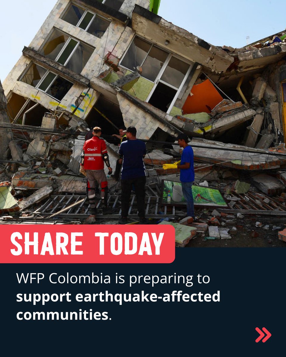 ShareTheMealorg's tweet photo. 🚨 #Earthquake #emergency: #Colombia. Many people are injured and buildings collapsed in this devastating crisis.

@WFP_Colombia is mobilising to support affected communities. Share meals now. 💛

https://t.co/ICe76XkYCS

#TerremotoColombia @WFP @WFP_es | 📸 AFP/Jaime Saldarriaga https://t.co/CCRxSa8lCF