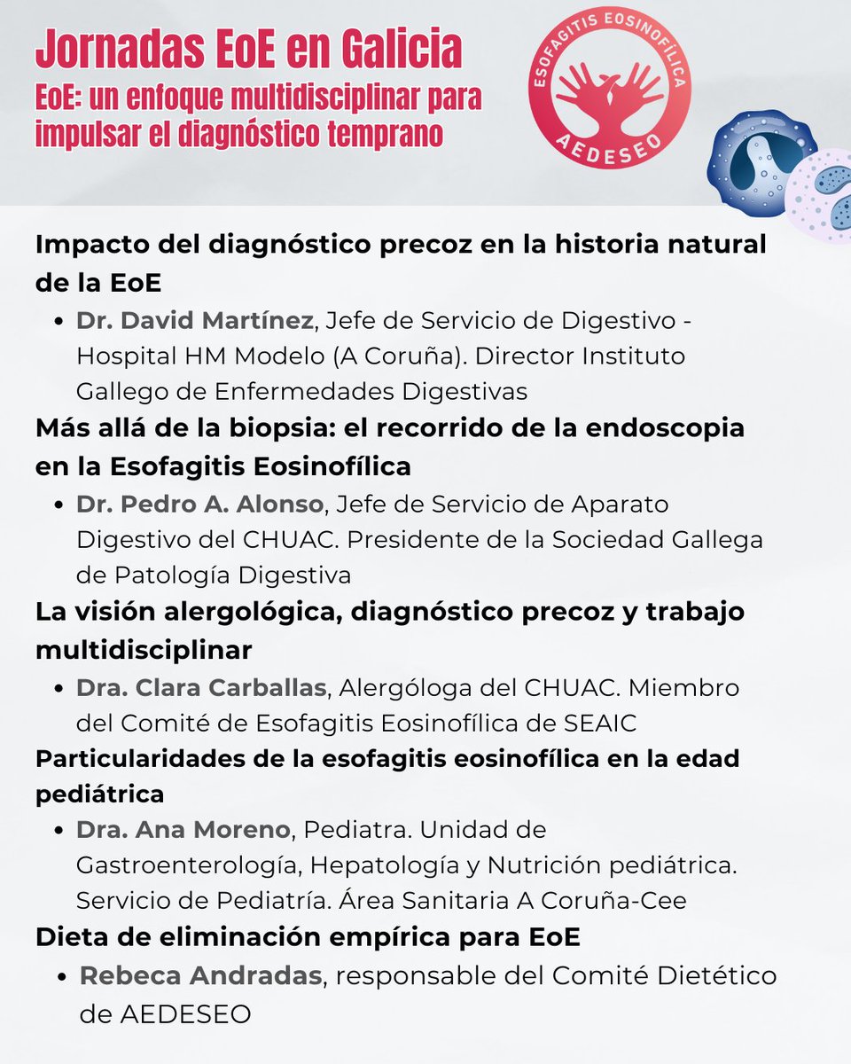 aedeseo's tweet photo. ¡Nos vemos en A Coruña para hablar de EoE!
El próximo 8 de septiembre, organizamos la jornada «EoE: un enfoque multidisciplinar para impulsar el diagnóstico temprano», dirigida a profesionales, pacientes y familias💗
Asistencia gratuita previa inscripción:
https://t.co/ZS8EWy1sMn https://t.co/K1peGZiC7k