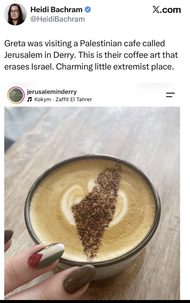 abierkhatib's tweet photo. First they claimed to feel threatened by a T-shirt, watermelon pin and keffiyeh; now they’re panicking about coffee art.

These fuckwits are ridiculously insecure. https://t.co/YOUSgKmIhq