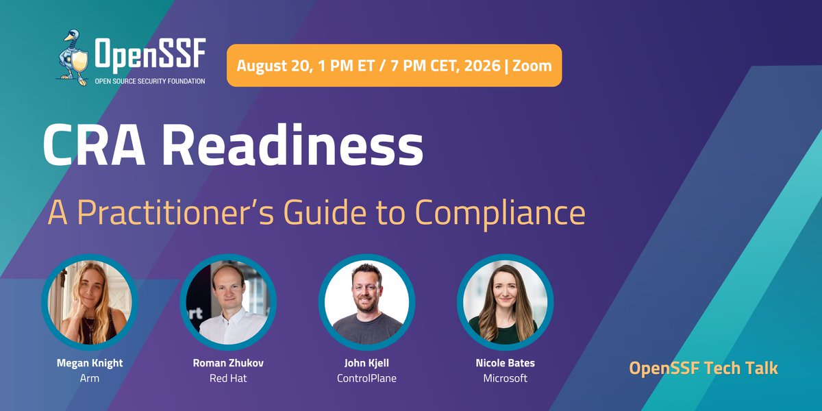 openssf's tweet photo. Join us for the upcoming OpenSSF Tech Talk to learn how industry leaders are navigating regulatory milestones and strengthening software supply chain security.

📅 August 20, 1 PM ET / 7 PM CET

Read &amp; register: https://t.co/OD6BfG80X0 https://t.co/CebeDwryWF