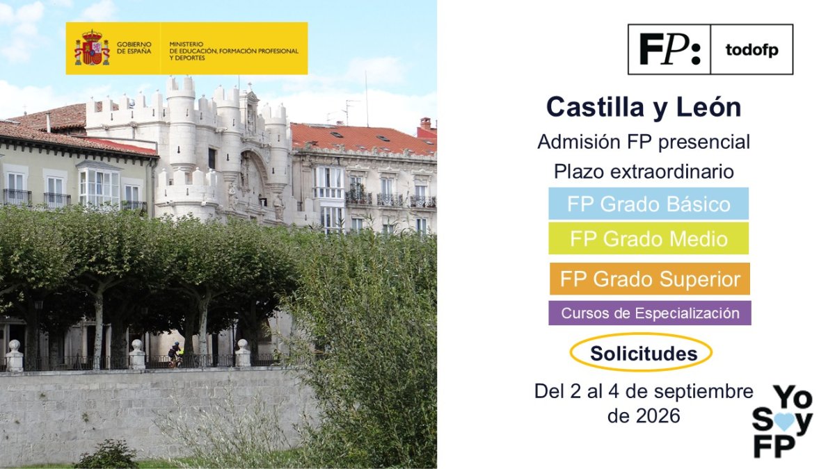 todofp's tweet photo. 📢 #FPCyL. Admisión FP presencial. Grado Básico, Medio y Superior y Cursos de especialización. Plazo extraordinario #TodoFP #YoSoyFP
🔴 Inscripciones: Del 2 al 4 de septiembre de 2026
🔎 https://t.co/1Cy3Uhc4Gd https://t.co/eJ60cqtIL2