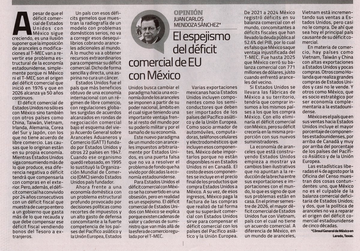 consulmexlaredo's tweet photo. En artículo publicado en El Mañana el Cónsul @jcmendoza2011 analiza el déficit comercial de Estados Unidos y señala que México y el T-MEC no son su origen, sino parte de cadenas de suministro integradas con Norteamérica y otras regiones del mundo.
📲Léelo: https://t.co/ldlIF9FP6M https://t.co/cAUxmRwKLI