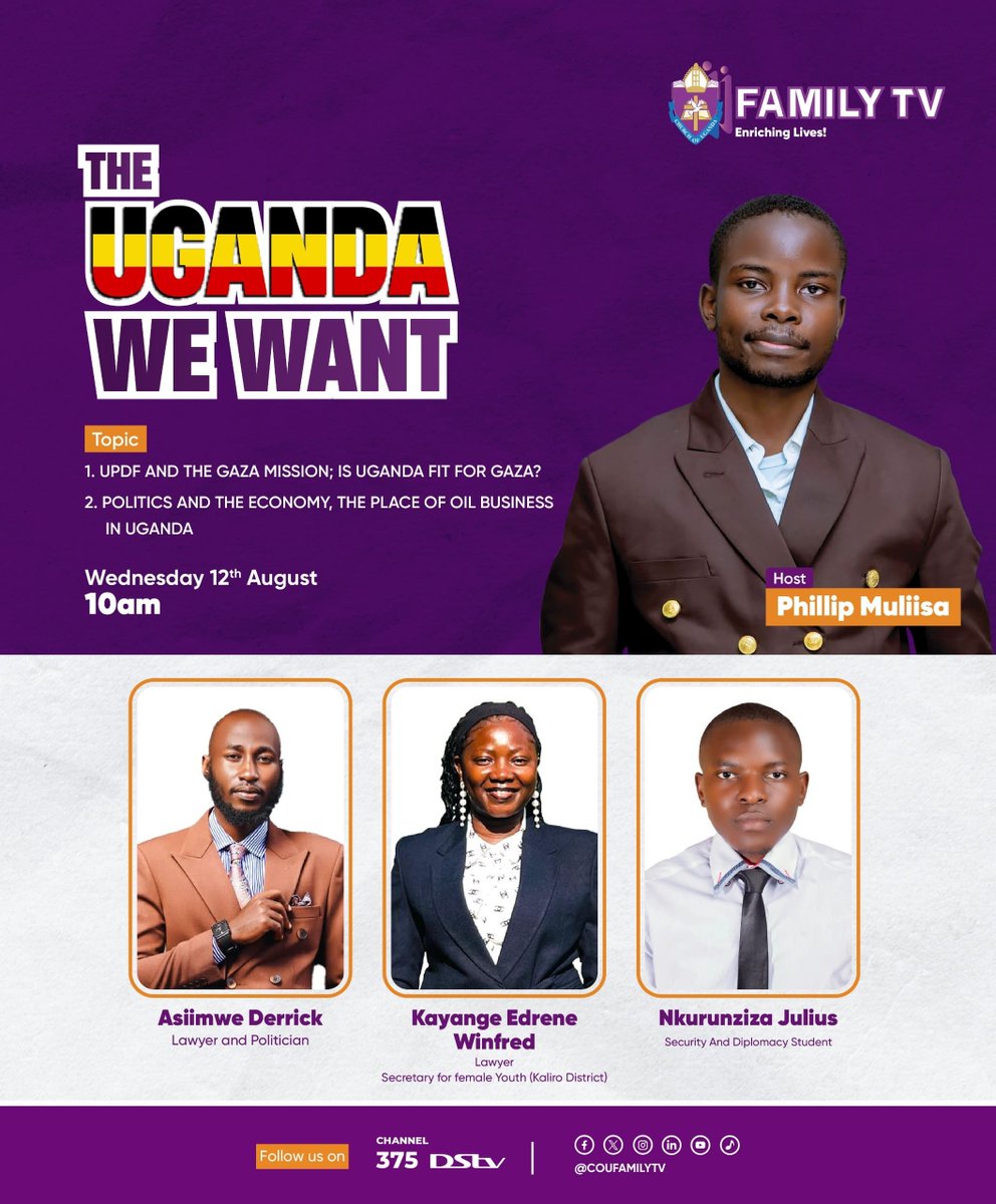 DerrickAsiimwe5's tweet photo. Tomorrow 12th/08/26 at 10:00am we shall be live on Family TV dissecting and dissenting on the UPDF Deployment in Gaza and the politricks of the oil economy with Mr.Phillip Muliisa 📌.
#YouthInPolitics 
#YouthMonth 
#FreeUganda 
#FreeAllPoliticalPrisoners https://t.co/3nZjGEILUp