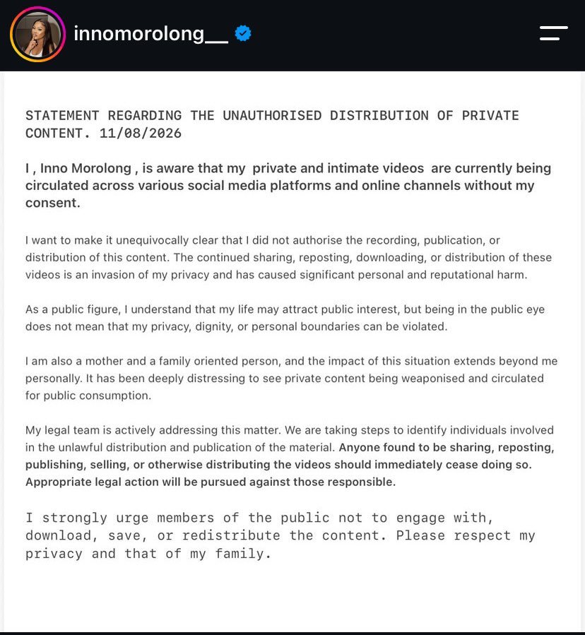 MDNnewss's tweet photo. Influencer Inno Morolong has issued a statement condemning the unauthorised circulation of her private intimate video, warning of legal action against those sharing it. https://t.co/qBmMrcCXdo