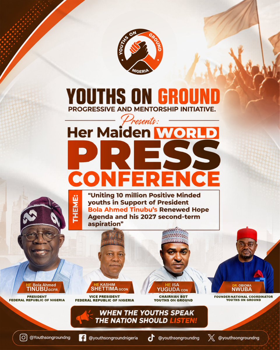 youthsonground's tweet photo. Join us for the maiden Youths on Ground (YOG) World Press Conference as we unite young Nigerians to shape the future.

“When the youths speak, the nation should listen!” 🇳🇬

#YouthsOnGround #YOGNigeria #WorldPressConference #YouthLeadership https://t.co/BW82OU3S1V