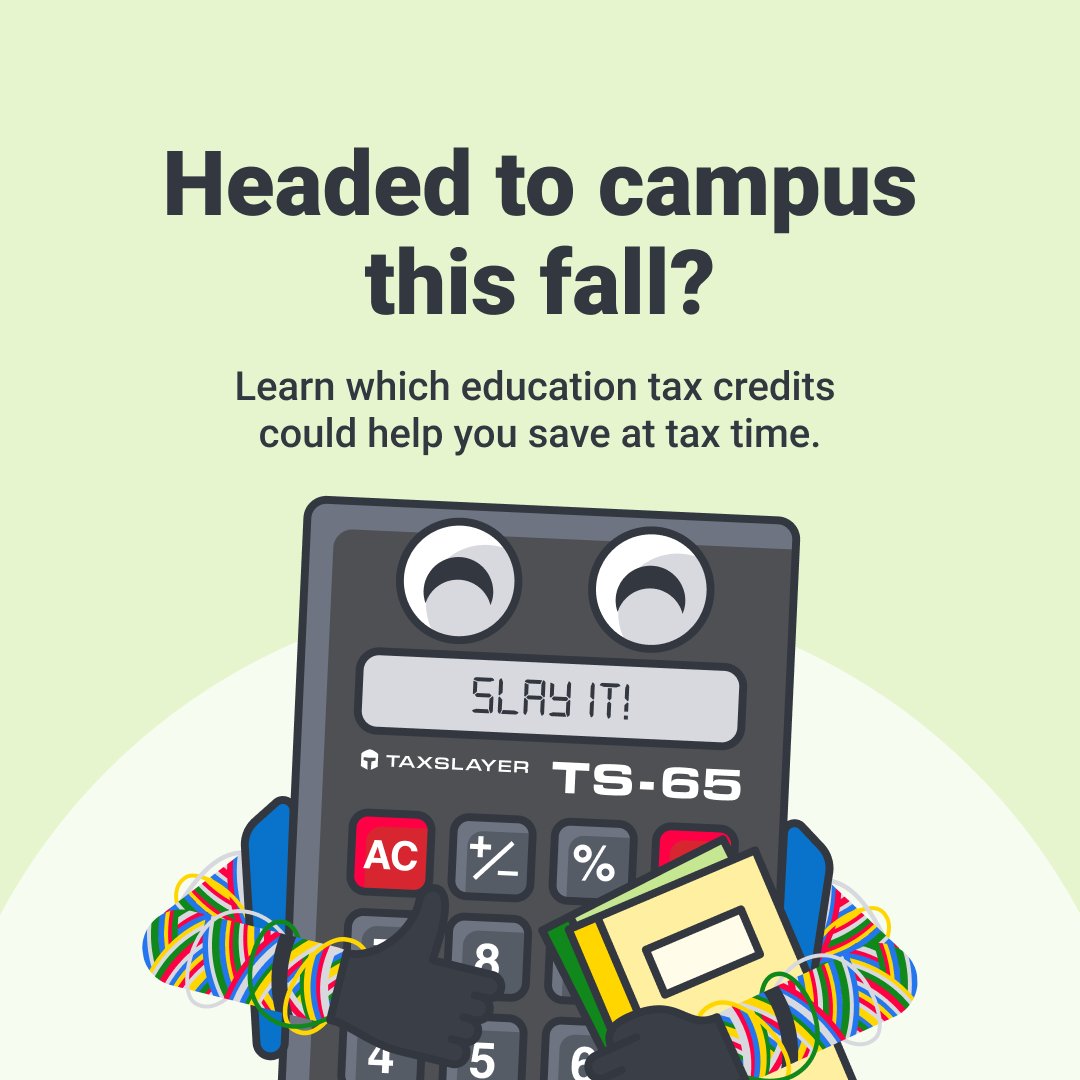 TaxSlayer's tweet photo. College expenses add up quickly. Eligible students and families may qualify for education tax credits that can help reduce their tax bill. Read more: https://t.co/0qbaySSZJL https://t.co/mT7spIk2b0