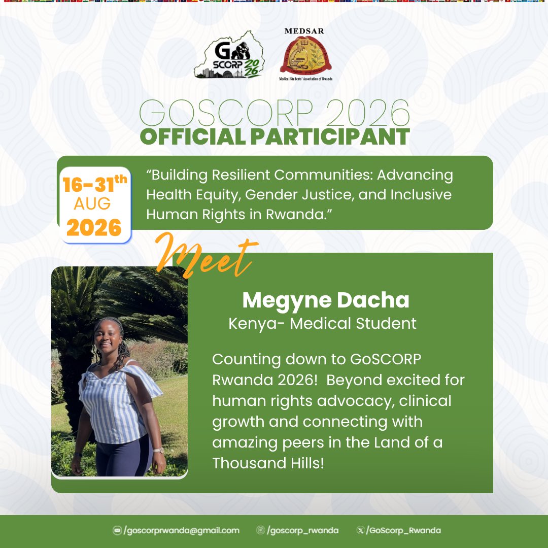 GoScorp_Rwanda's tweet photo. ✨ Meet Megyne Dacha from Kenya, joining us for GoSCORP Rwanda 2026! 🇰🇪🇷🇼
She’s counting down to exploring human rights advocacy, growing clinically, and connecting with amazing peers in the Land of a Thousand Hills. 🌍💚
#goscorprwanda #VisitRwanda #scorp https://t.co/9wephF1W6B