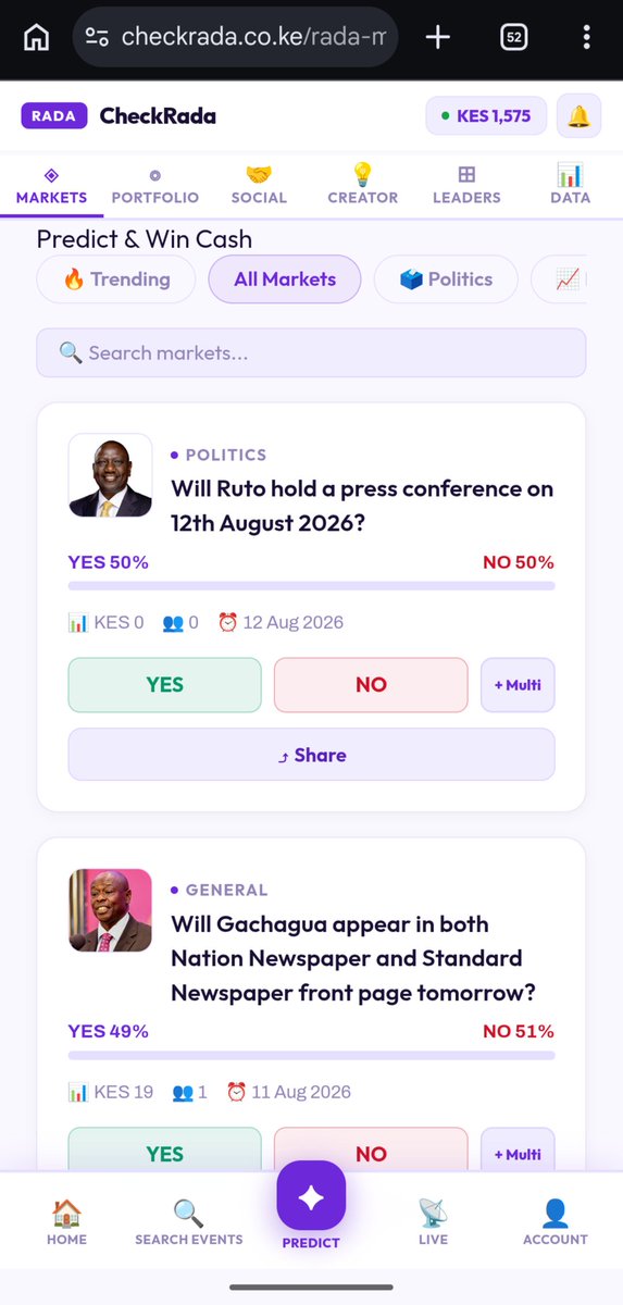 CheckRadaKE's tweet photo. Predict &amp; WIN CASH asap 💰 
Go to -> https://t.co/8WPhyR8KSA

#ruto #gachaguau #kenyapolitics #predictions #cash #win #money #earn https://t.co/npnqU2A6iD