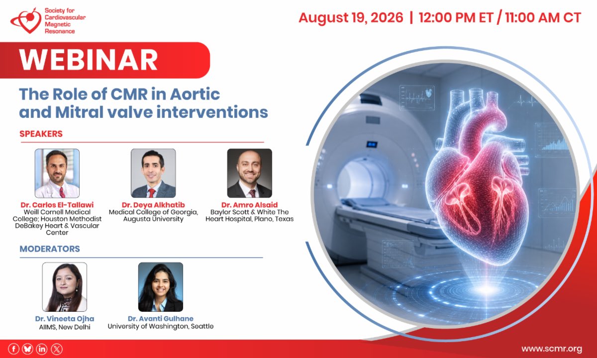 vineetao17's tweet photo. 🚨#whyCMR + Structural Heart =Powerful Combination!
🔹 Flow mapping &amp; acquisition pitfalls
🔹 Regurgitant fraction calculations
🔹 TAVR sizing methodology
🔹 Case-based discussion of common pitfalls

📅 August 19, 2026
🕘 12 PM ET 

🔗 Register &amp; join us!-https://t.co/GZ1fEZYuN2 https://t.co/frijRdn3Bj