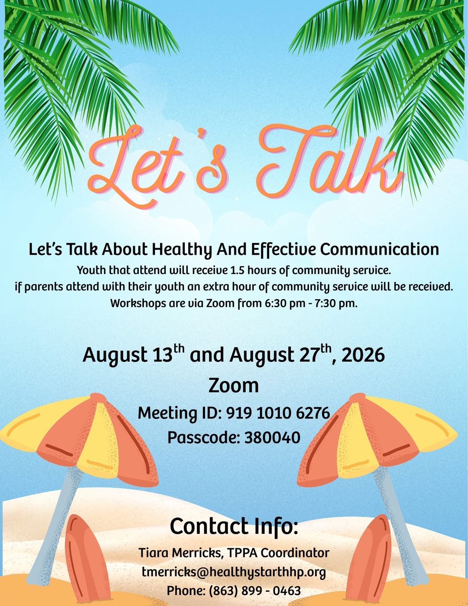 HFCFL's tweet photo. Join Healthy Start's Let's Talk workshop series this August and learn more about healthy and effective communication in a supportive virtual setting. Youth participants can earn community service hours, and families are encouraged to attend together!

See the flyer for details! https://t.co/kB1C37WLDS