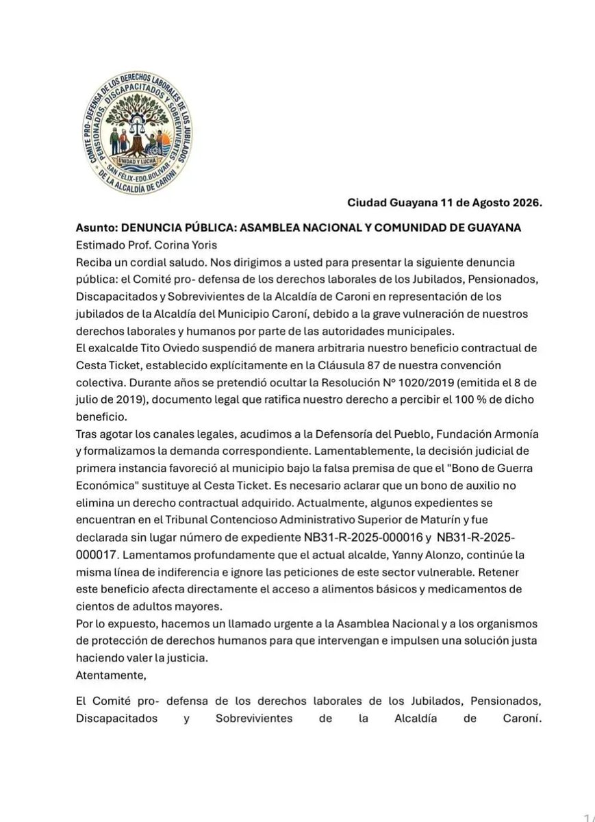 yorisvillasana's tweet photo. Atención Diputada @Dinorahfiguera: El Comité de Jubilados de la Alcaldía de Caroní denuncia la supresión arbitraria de su Cesta Ticket contractual. Urge la intervención de la legítima Asamblea Nacional ante la grave afectación alimentaria y de salud de los adultos mayores. 👇 https://t.co/KQBAqPIbRp